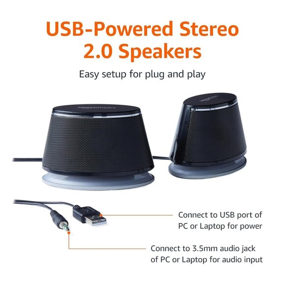Amazon Basics Stereo 2.0 Speakers for PC/ Laptop 3.5mm USB-Powered Black 1 Pair - Picture 1 of 5
